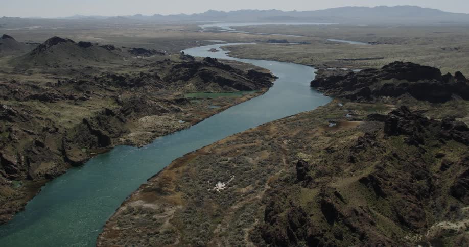 Aerial view of the Colorado River flowing through moutains and deserts
