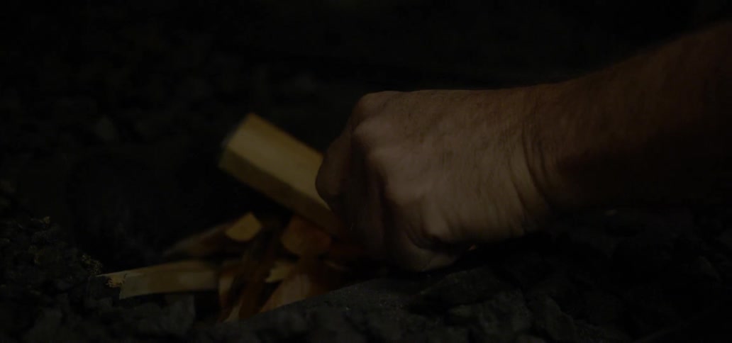 A person strikes a match and lights kindling on fire