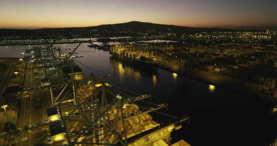 Aerial view of a harbor at dawn