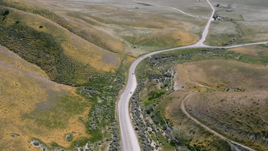 Cars drive on a rural road