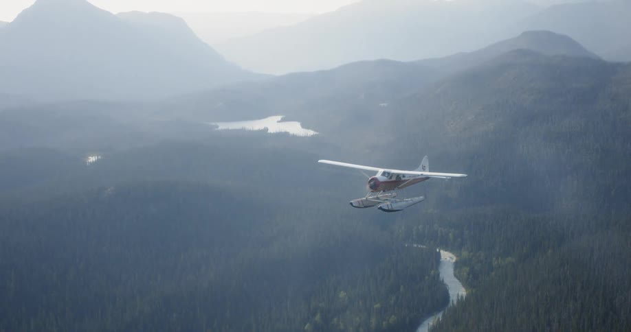 The plane slowly flies through the foggy sky