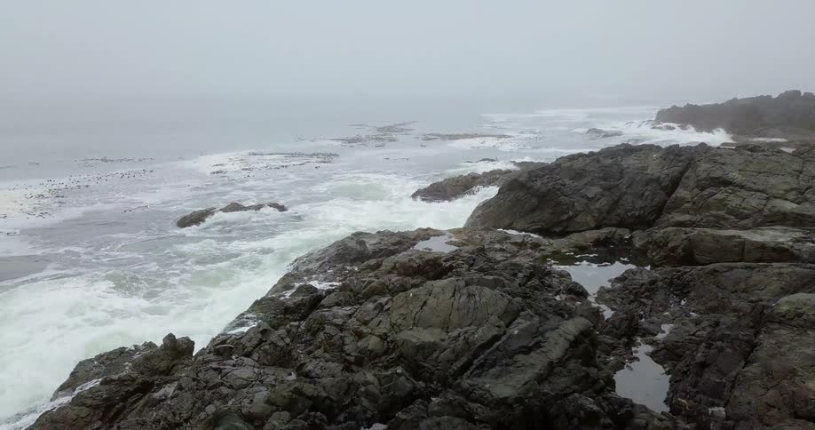 Ocean waves crash up on rocks