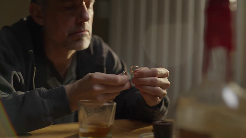 Man holds two wedding rings while drinking whiskey