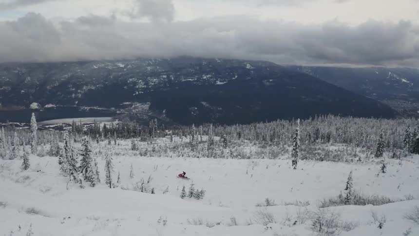 Person snowmobiling in a hilly area with a lot of trees on a cloudy day