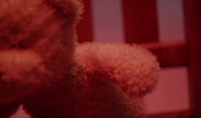 The teddy bear is sitting in the crib