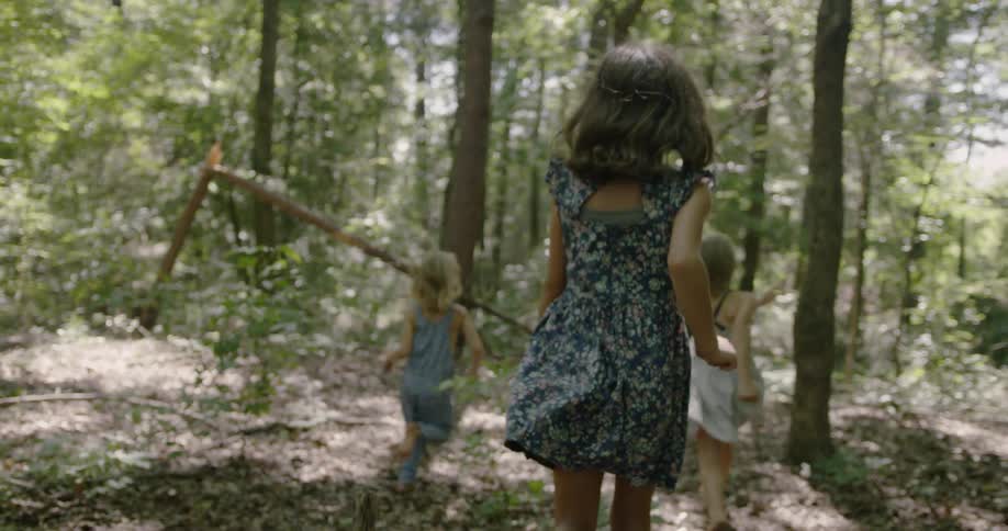 Two children run into the forest together