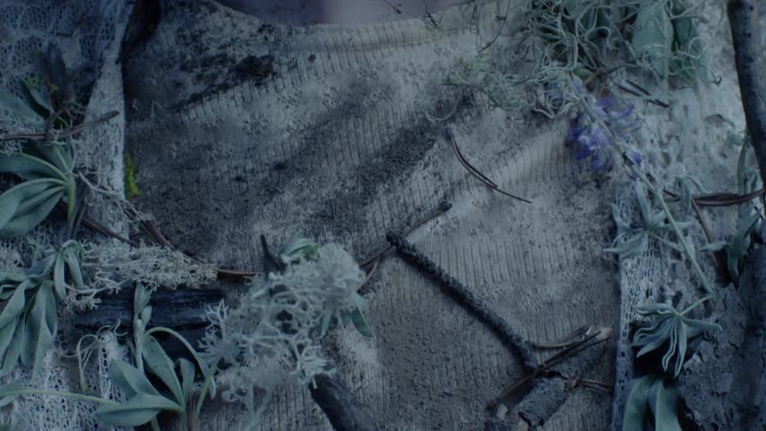 The person is covered in dirt and branches
