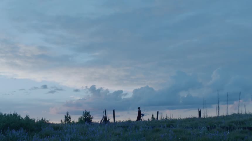 A person hikes through the grass at sunset