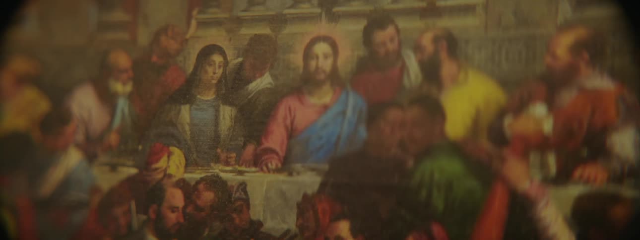 A painting shows a group of people at the table