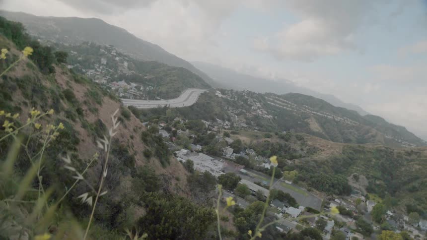 Weeds and brush cover the hills in an urban valley on a cloudy day
