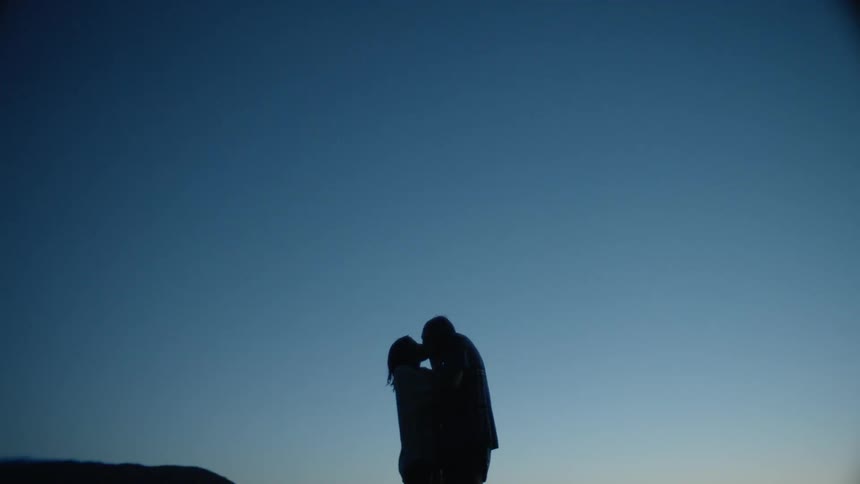 A couple are kissing as they stand outside in a natural setting at dusk