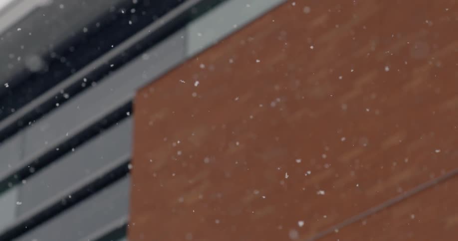 Snowflakes fall in front of an orange building