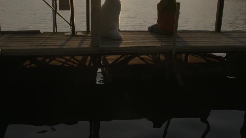 A person and a dog sit on a dock at sunset