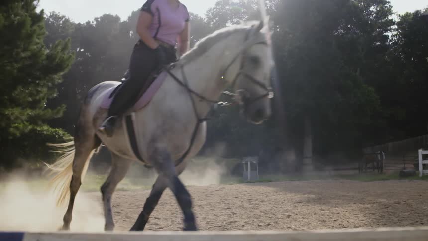 A woman rides a horse
