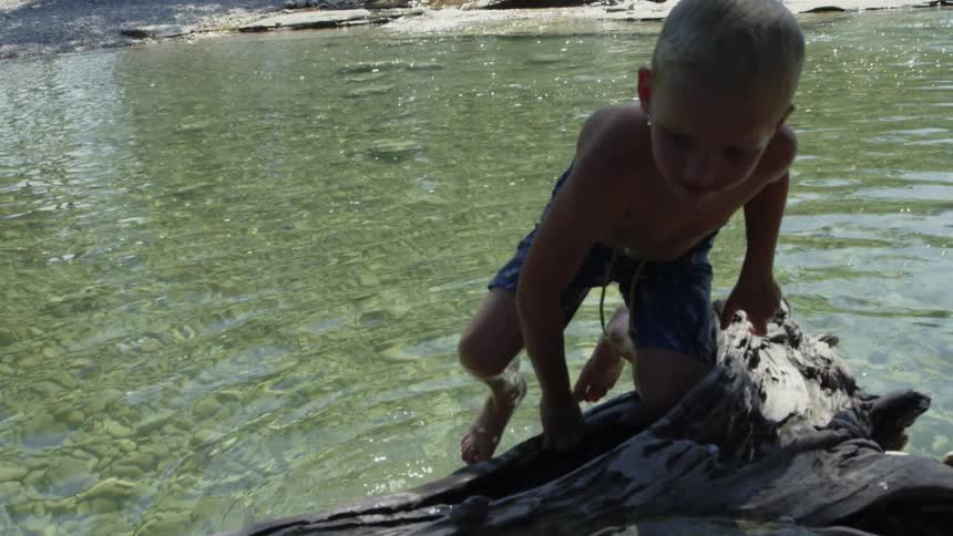 A boy is climbing out of a river and onto a log on a sunny day
