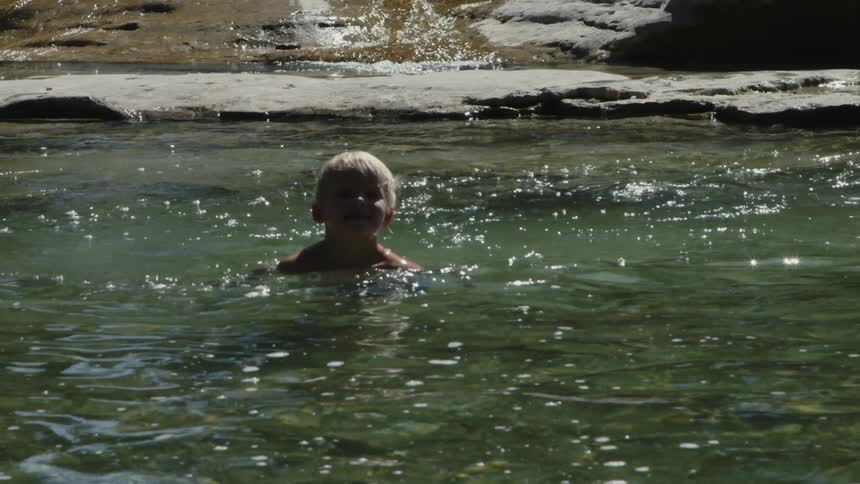 Boy swims in a river