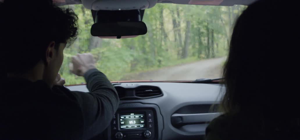 A couple are driving through the woods