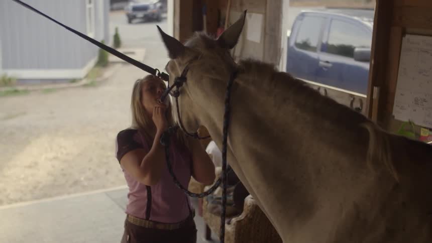 A woman kisses and is talking to a horse