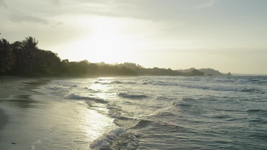 The small waves are crashing against the shore at sunset