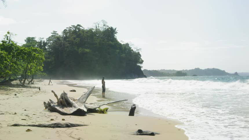 Person stands on the sunny beach as water splashes in