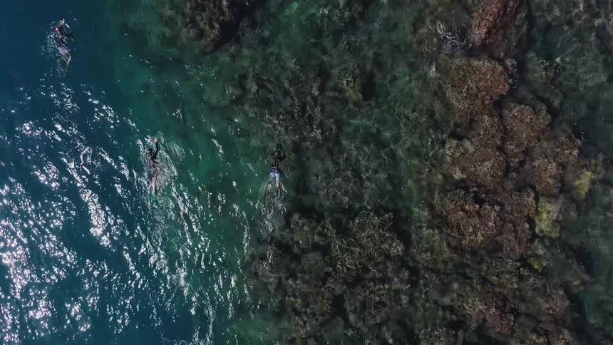 People swim in the water near some rocks