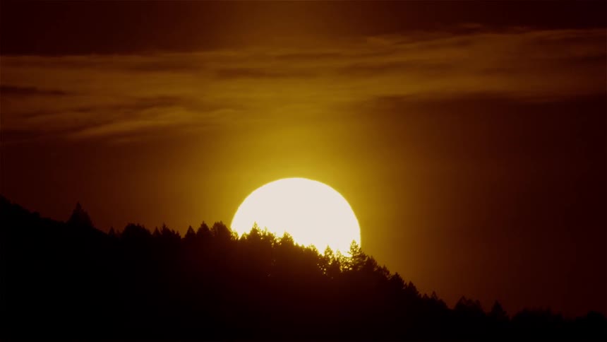 The sun sets behind the trees on the hill
