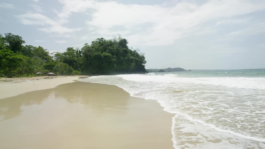 Ocean waves wash ashore a sandy beach
