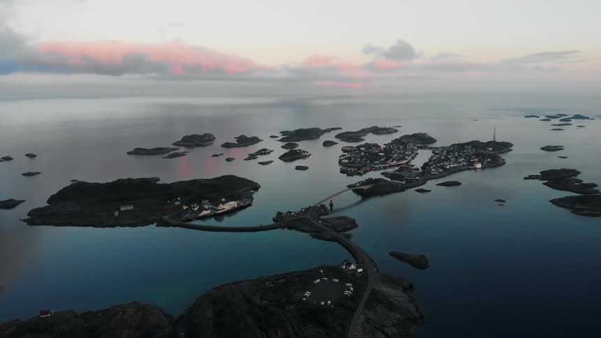 The water is calm along this strip of islands