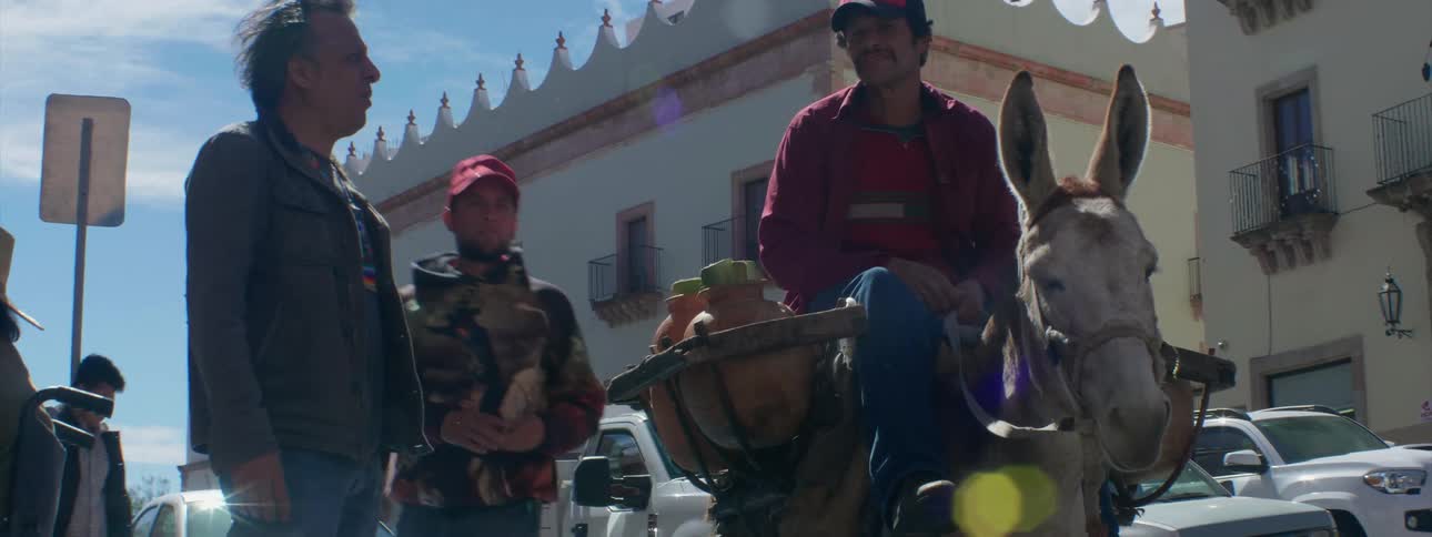 A man talks with another man while riding a donkey