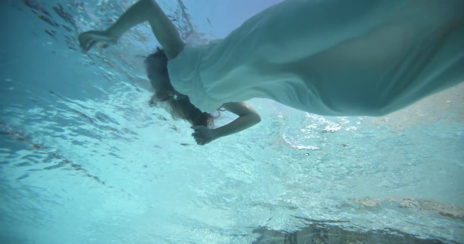 Underwater view of a woman wearing a dress swimming through water
