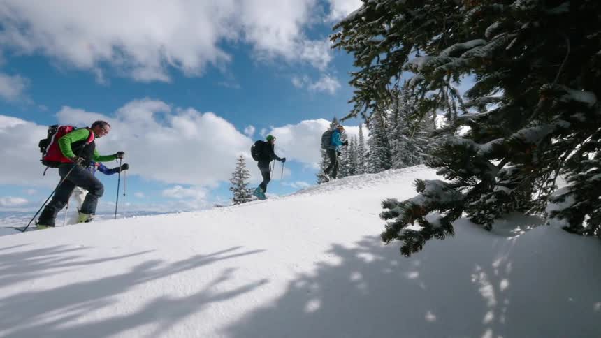 Hikers snowshoe up a snowy mountainside