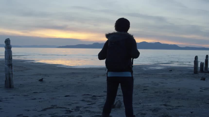 Woman stands on a beach at sunset