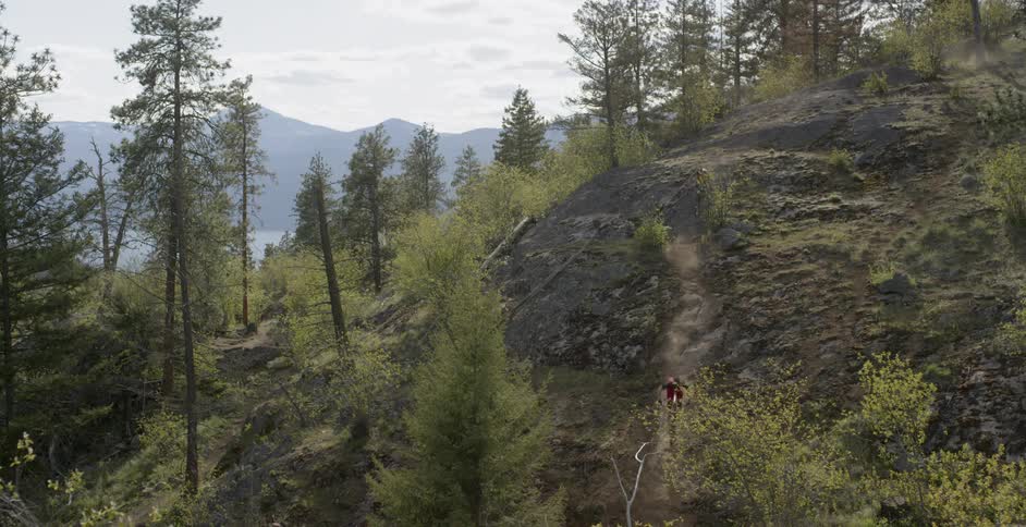 Two people ride bikes on hilly bumpy terrain