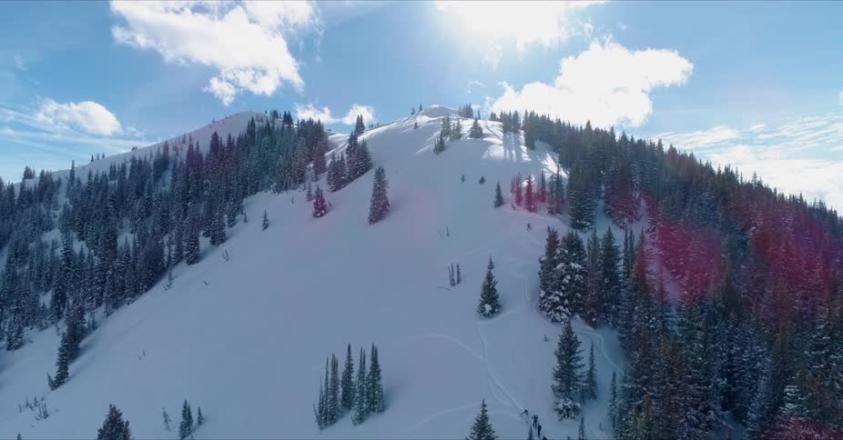 Mountain top with snow and trees on cloudy day