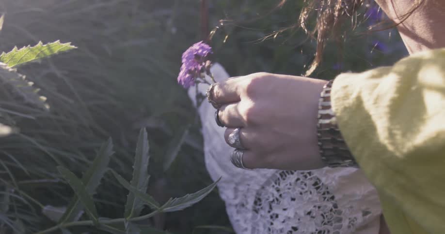 A woman is picking a purple flower