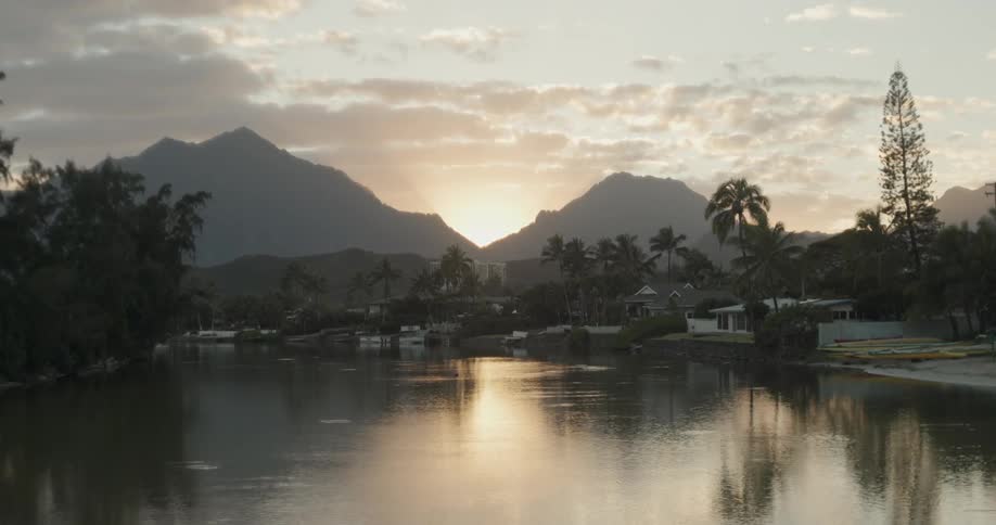 The sun sets over a river