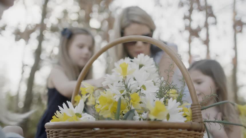 Woman and girls collect flowers in a wicker basket