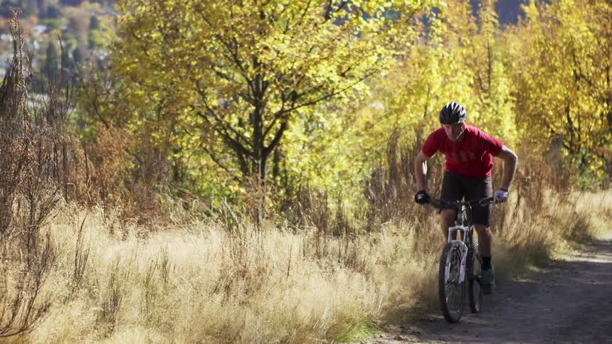 Man riding his bike down a dirt trail on a sunny day