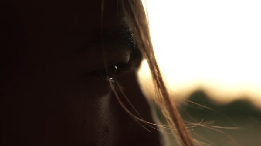 A woman's hair blows around her face at sunset