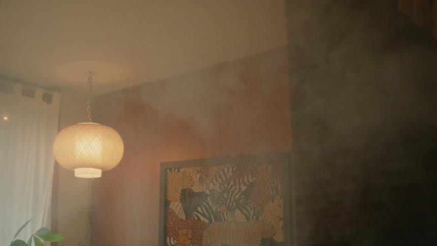 Smoke billows out into a living room of a house