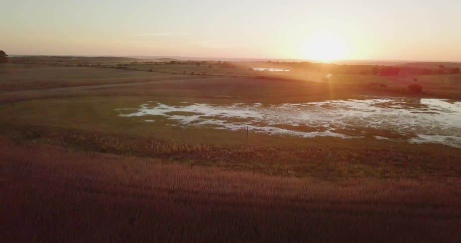 The sun sets over a farm field