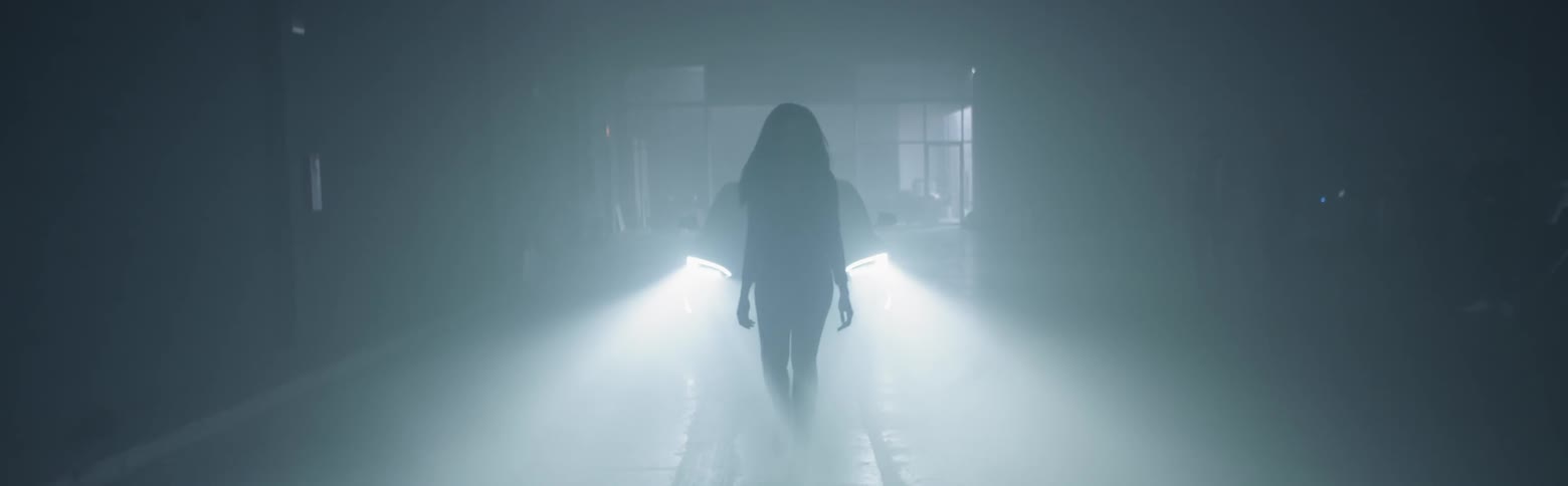 A woman walks in front of a car's headlights