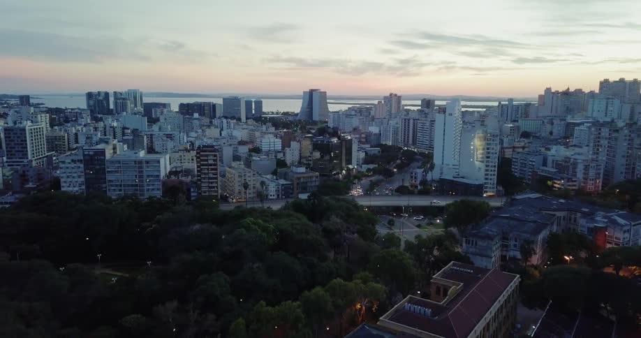 A city view at dusk