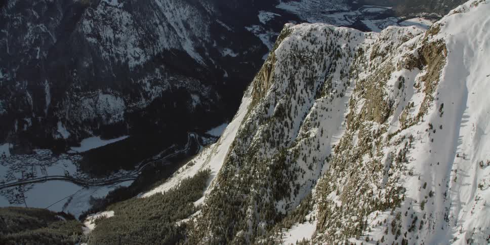 Snow and trees cover a mountainside