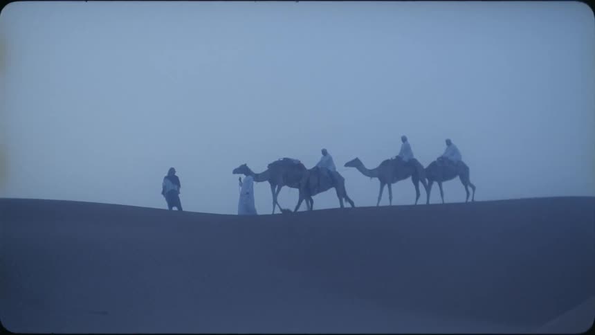 Several people walking through the desert and two ride on camels
