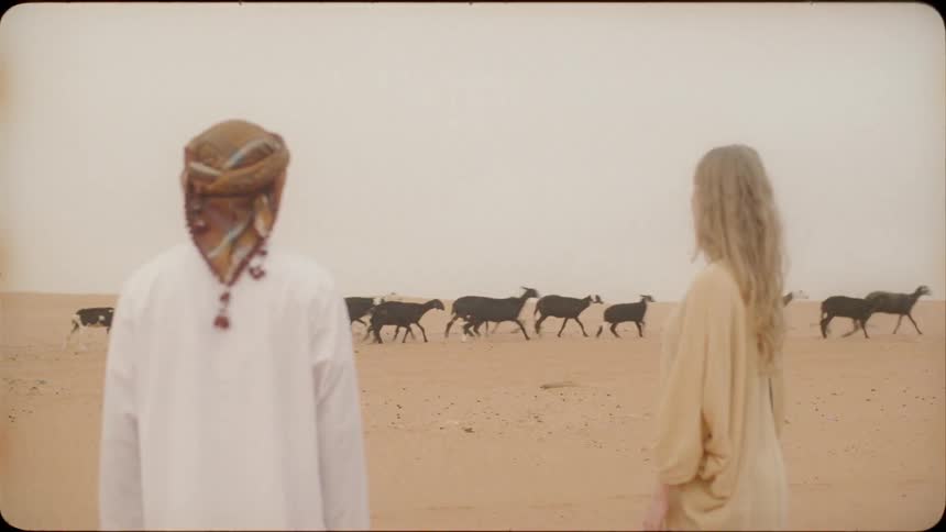 A man and woman watch a herd of goats walk past in the sand