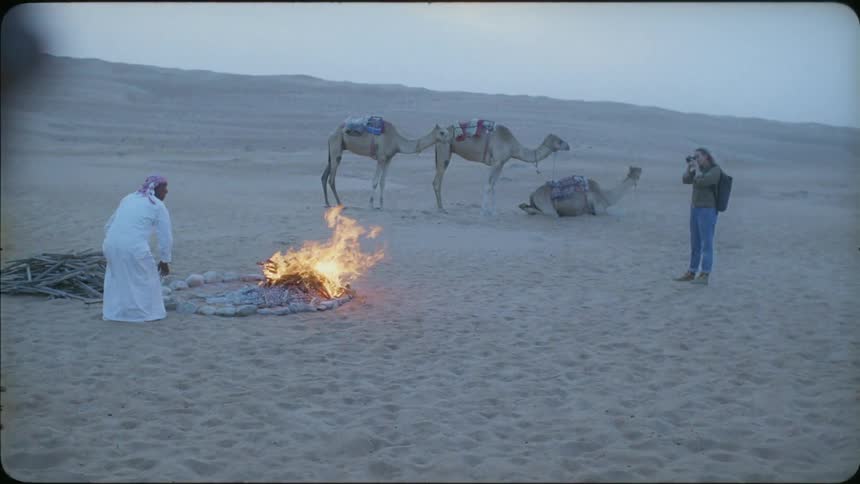 Woman photographs a man near camels in a desert