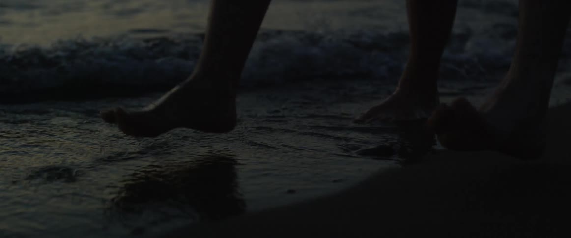 A couple are walking on the beach in the tide at dusk