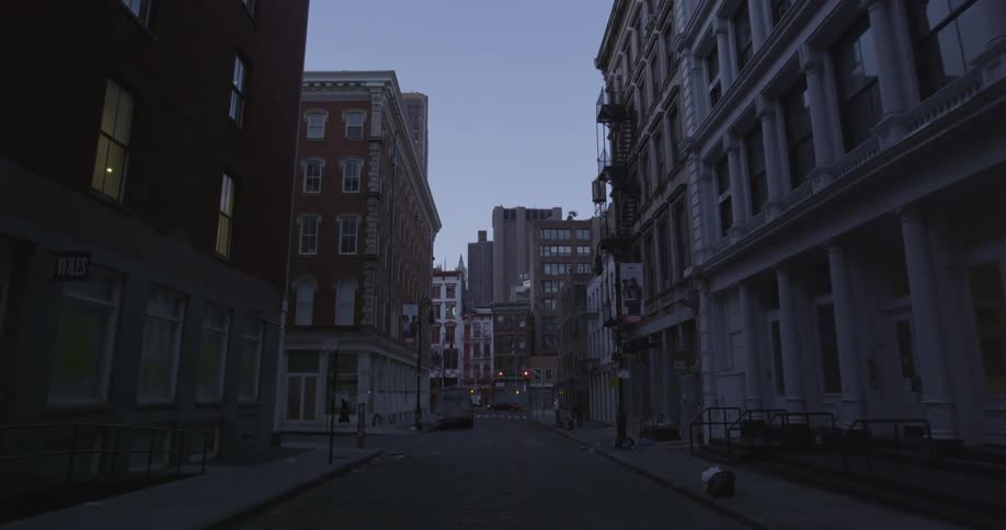 Buildings line a city street