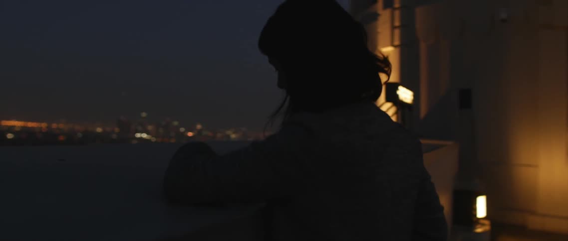 A woman leaning on a wall looking out at the city at night